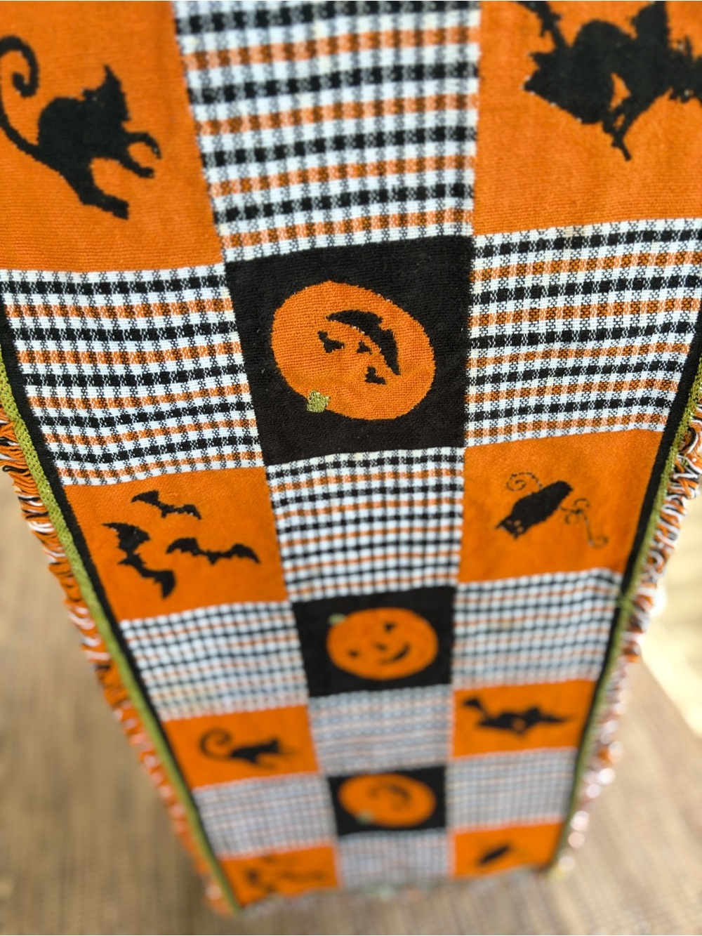 Tapestry Table Runner 65 inch Halloween Pumpkin Orange Black Patch Panel Vtg